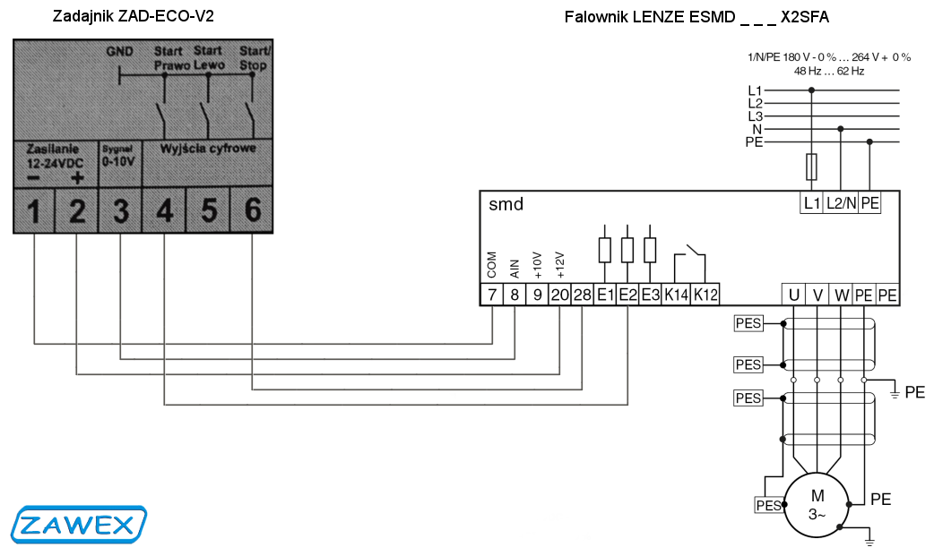 Schemat podczenia zadajnika ZAD-ECO-V2 z falownikiem LENZE ESMD