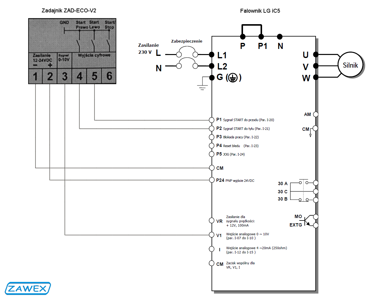 Schemat podczenia zadajnika ZAD-ECO-V2 do falownika LG iC5