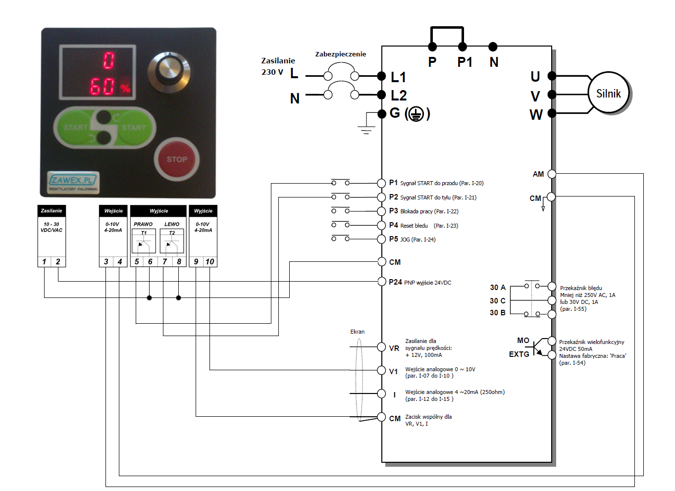 Schemat podłączenia falownika LG/LS iC5 z zadajnikiem panelowym