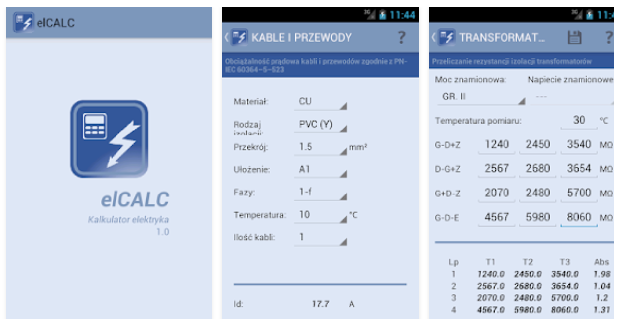 Screeny z aplikacji elCALC