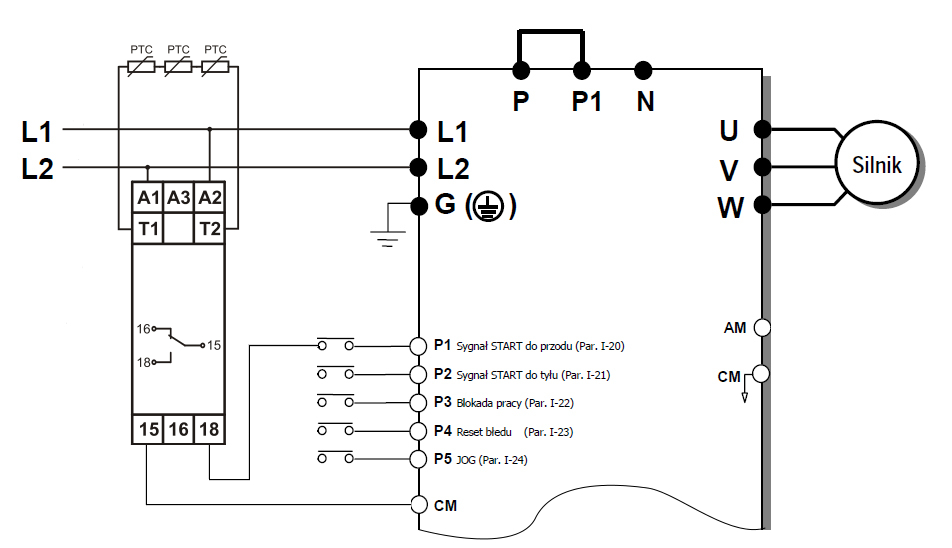 Schemat podłączenia przekaźnika nadzorczego do falownika LG/LS