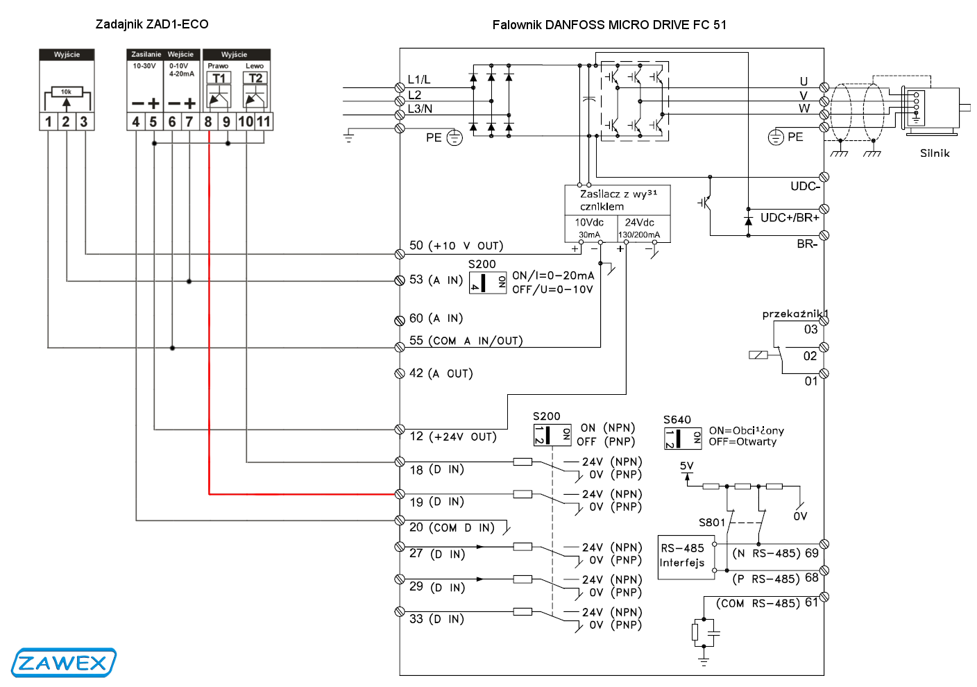 Podłączenie zadajnika ZAD1-ECO do falownika Danfoss Micro Drive FC 51 - schemat