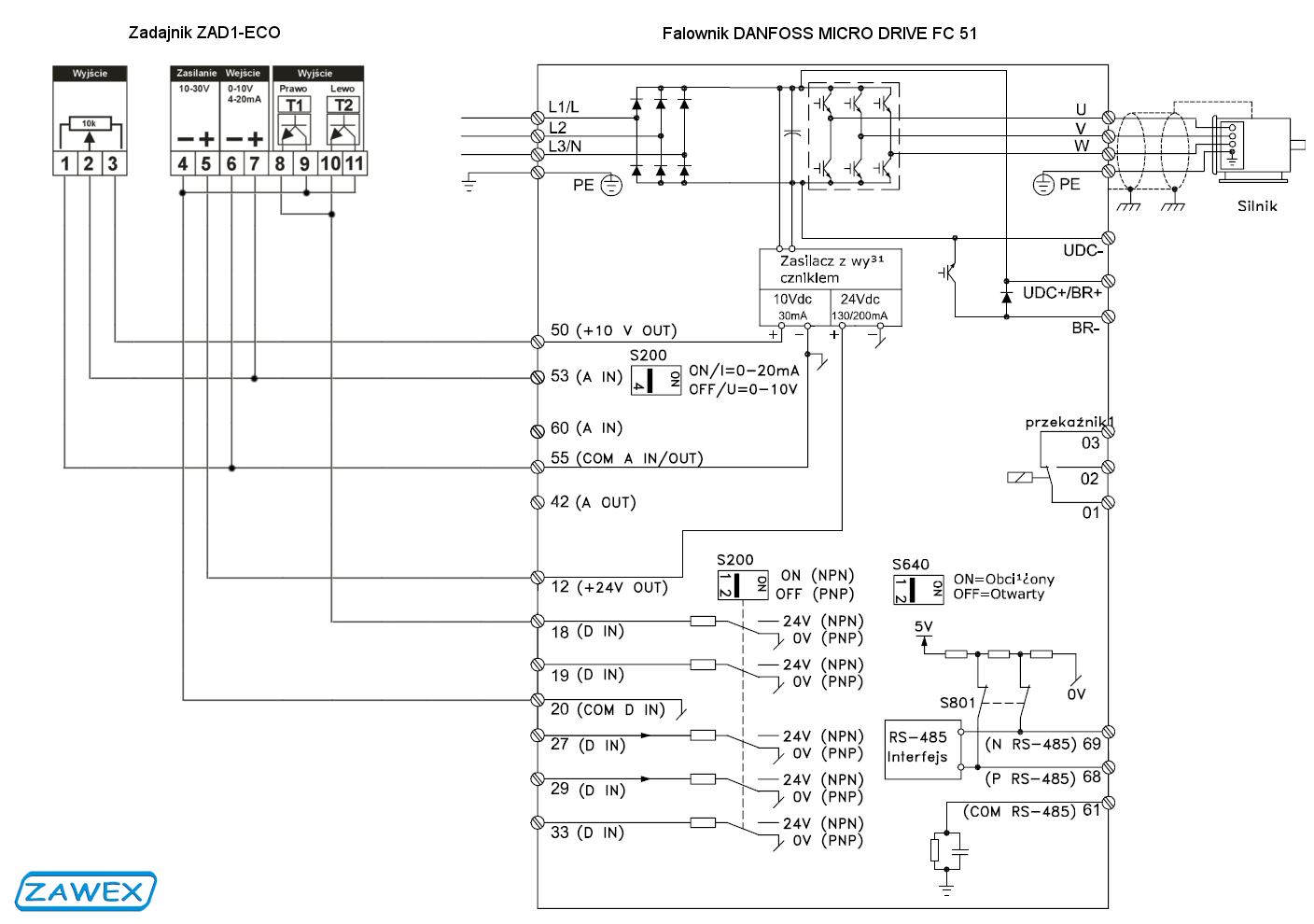 Schemat podłączenia - zadajnik ZAD1-ECO - falownik Danfoss Micro Drive FC 51
