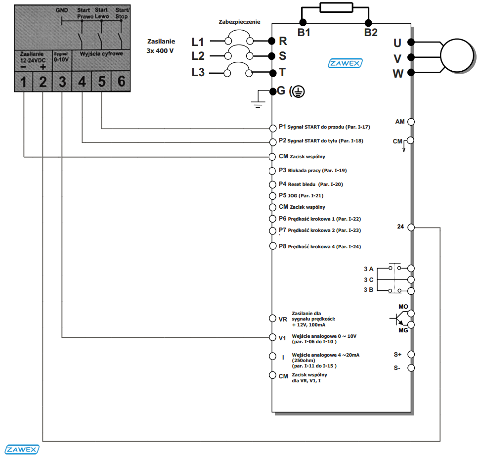 Podłączenie zadajnika ZAD-ECO-V2 do falownika LG iG5A - schemat