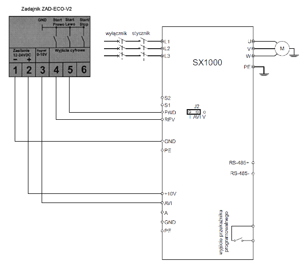 Schemat Podłączenia Falownika Sanyu SX1000 z Zadajnikiem ZAD-ECO-V2